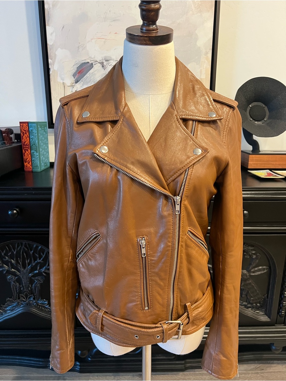 Quince Cognac Leather Moto Jacket M